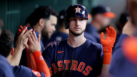 Jun 1, 2024; Houston, Texas, USA; Houston Astros right fielder Kyle Tucker (30) celebrates with teammates in the dugout after hitting a home run against the Minnesota Twins during the third inning at Minute Maid Park. Mandatory Credit: Erik Williams-USA TODAY Sports